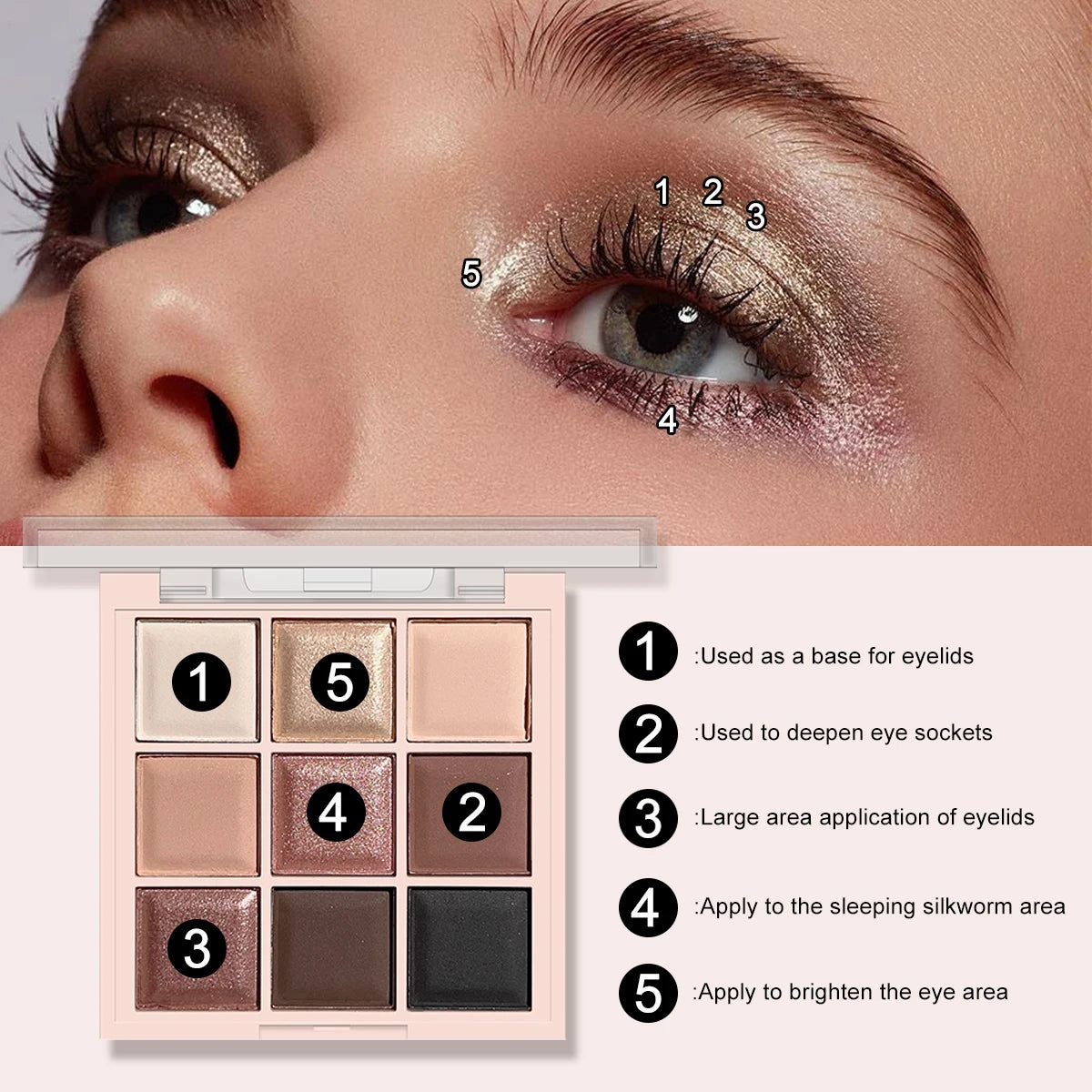 Paleta de sombras de ojos de 9 colores con brillo fino, brillo, mate y tonos té con leche; mini, de uso diario, ideal para estudiantes.