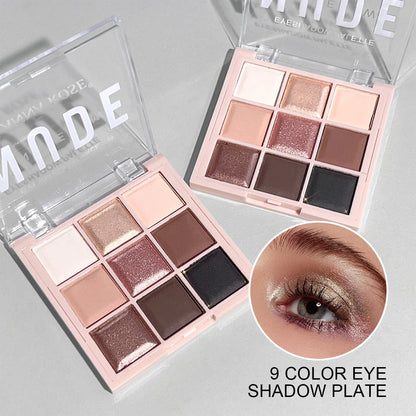 Paleta de sombras de ojos de 9 colores con brillo fino, brillo, mate y tonos té con leche; mini, de uso diario, ideal para estudiantes.