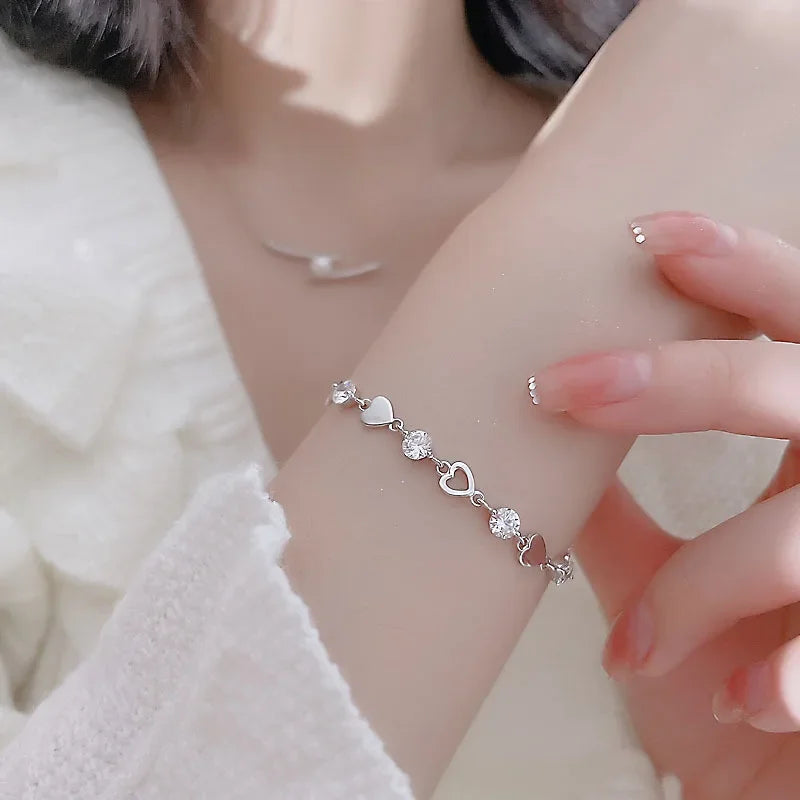 Pulsera de plata de ley 925 con forma de corazón para mujer, estilo retro coreano, versátil, con circonitas, joyería original para fiestas.