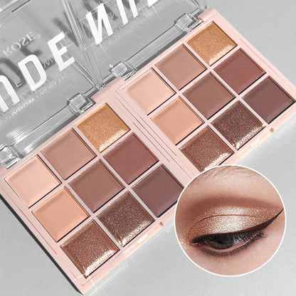 Paleta de sombras de ojos de 9 colores con brillo fino, brillo, mate y tonos té con leche; mini, de uso diario, ideal para estudiantes.